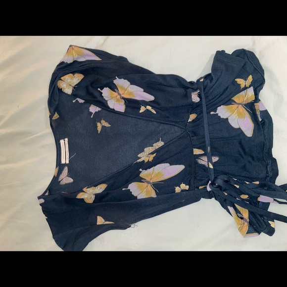 Urban Outfitters Navy Butterfly V-neck top with waist ties - Picture 3 of 3